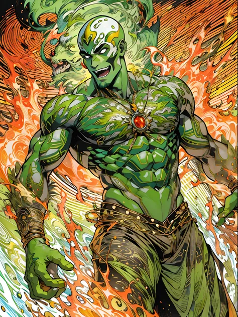 un primer plano de un hombre con fuego verde en la cabeza y torso, humano resplandeciente, Como se ilustra en Top Cow Comics, Brillando en poder, Sosteniendo fuego verde, Hoja de alma verde brillante,esqueleto,esqueleto humano,huesesos,deretirse,nuclear,(1...