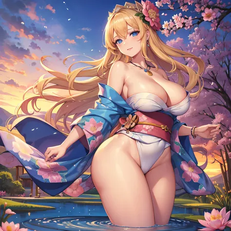 Masterpiece, Best Quality, (((Solo mature woman))), (((long blonde hair))), (((wide hips))), (((beautiful blue eyes))), full lips, seductive smile, large chest, curvy, sexy, ((standing in pond)) (((wearing pink with white floral kimono))), [Janet], [Alice]...