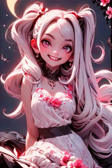 a vampire girl smiling, ((showing fangs)), white hair, red eyes, glowing eyes, white lace crop top, (black skirt), blush, night, flowers, moon