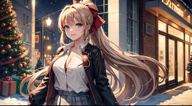 1girl, solo, ((christmas tree)), street, lights, snow, long hair, chestnut hair, ponytail, large breasts, button down, ((opened brown zipper jacket)), dark blue eyes, ((white shirt)), ((unbuttoned shirt)), ((long skirt)), smile, looking at the viewer, stan...