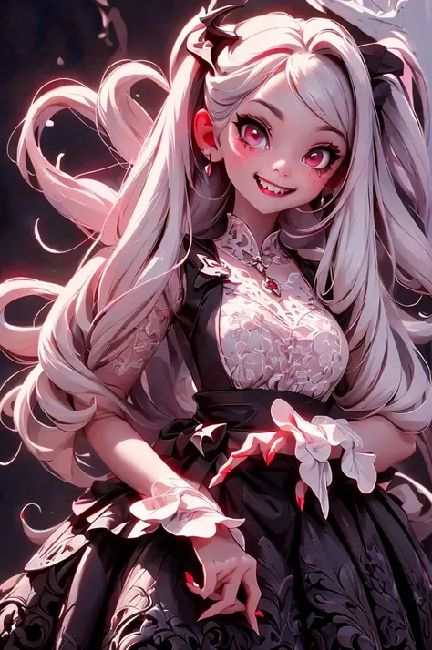 a vampire gothic girl smiling, ((showing fangs)), white hair, red eyes, glowing eyes, white lace crop top, (black skirt), blush, night, flowers, moon