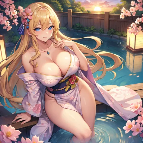 Masterpiece, Best Quality, (((Solo mature woman))), (((long blonde hair))), (((wide hips))), (((beautiful blue eyes))), full lips, seductive smile, large chest, curvy, sexy, ((standing in japanese pond)) (((wearing pink with white floral kimono))), [Janet]...