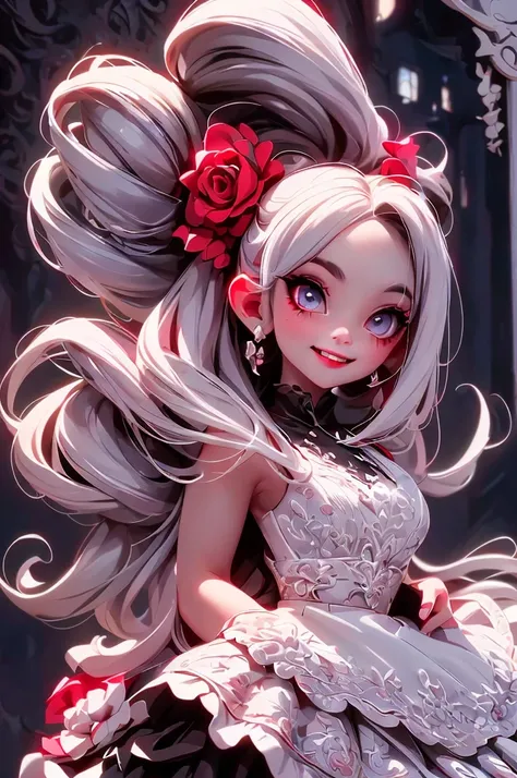 a vampire gothic girl smiling, white hair, red eyes, glowing eyes, smokey eyes makeup, white lace crop top, (black skirt), blush, night, flowers, moon