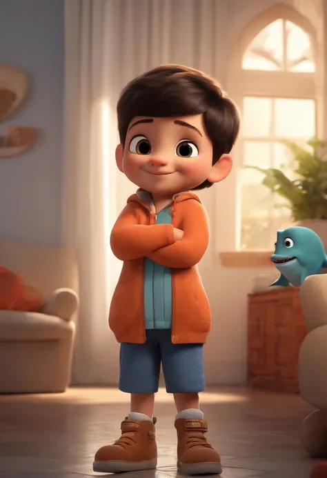 a happy cute kid standing short hair, de pele branca, next to the NETFLIX shark character, vestindo uma fantasia espacial, , fundo branco, barnet, toon, estilo pixar, 3d, desenhos animados, rosto detalhado, asymmetrical 16k