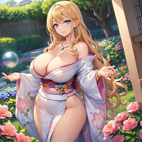 Masterpiece, Best Quality, (((Solo mature woman))), (((long blonde hair))),  (((wide hips))), (((beautiful blue eyes))), full lips, seductive smile, large chest, curvy, sexy, ((standing in garden)) (((wearing pink with white floral kimono))), [Janet], [Ali...