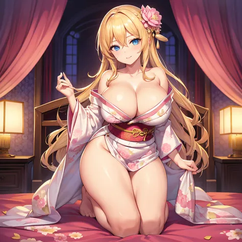 Masterpiece, Best Quality, (((Solo mature woman))), (((long blonde hair))),  (((wide hips))), (((beautiful blue eyes))), full lips, seductive smile, large chest, curvy, sexy, ((kneeling on bed)) (((wearing pink with white floral kimono))), [Janet], [Alice]...