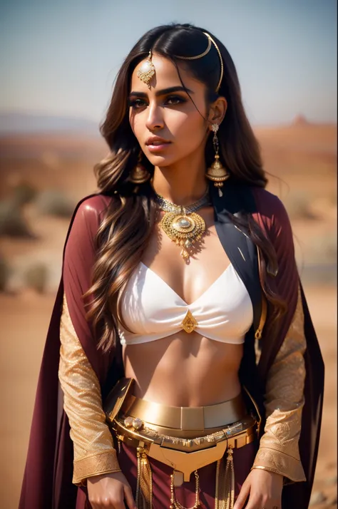 fking_scifi, fking_scifi_v2, portrait of a young, seductive, extremely beautiful and attractive Arabic woman, in front of a city in the desert, long messy hair, rich colorful clothes and golden jewelry, close up, regal pose and attitude. fking_cinema_v2.