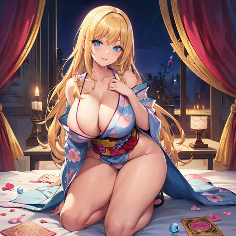 Masterpiece, Best Quality, (((Solo mature woman))), (((long blonde hair))),  (((wide hips))), (((beautiful blue eyes))), full lips, seductive smile, large chest, curvy, sexy, ((kneeling on bed)) (((wearing pink with white floral kimono))), [Janet], [Alice]...