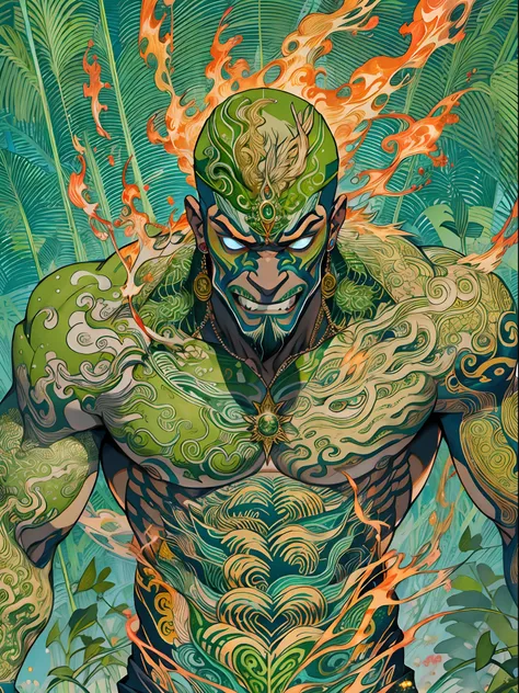 un primer plano de un hombre con fuego verde en la cabeza y torso, humano resplandeciente, Como se ilustra en Top Cow Comics, Brillando en poder, Sosteniendo fuego verde, Hoja de alma verde brillante,esqueleto,esqueleto humano,huesesos,deretirse,nuclear,(1...