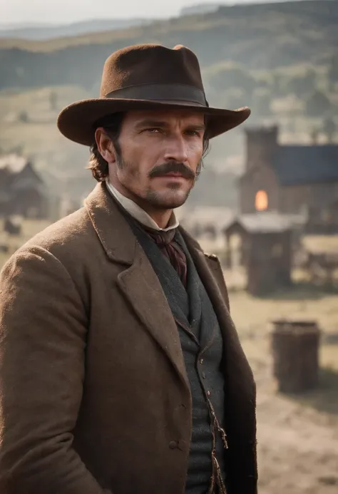 A picture of Dutch standing on the edge of a cliff overlooking a bustling cityscape.,Red Dead Redemption 2,Well groomed man in late forties early fifties. Oily black hair which is swept back, neatly trimmed black moustache with patch of beard on his chin. ...