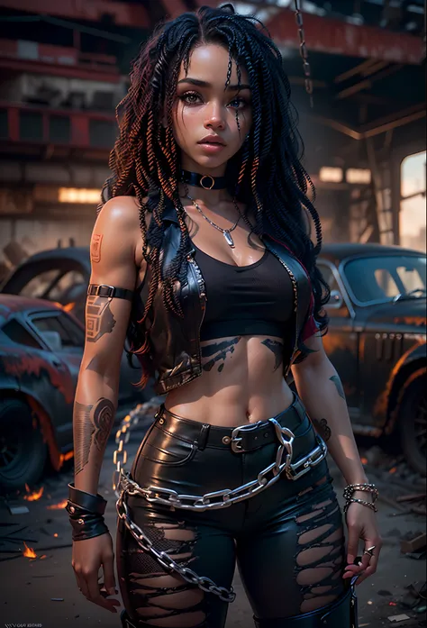 ((21-year-old))), black girl, (((light skin))), (((full body pose))),  (((long curly black hair))), (((wearing tight ripped clothing, wrapped in chains, boots, guns))), (((black fishnet bodysuit))), (((submissive))), (((metal choker))), (((post apocalyptic...