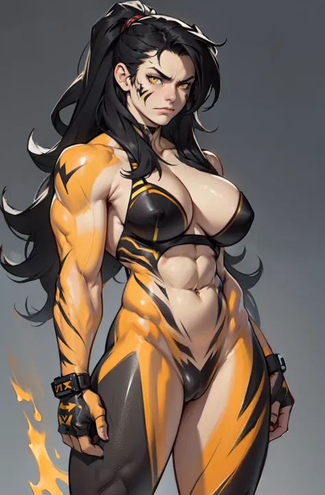 ((1 girl)), extremely long hair, solo, ((muscular)), veins, black hair, yellow eyes, pale skin, strong, veins, abs, (huge breasts), frowning, uhd best quality 16k lingerie ((bodypaint))