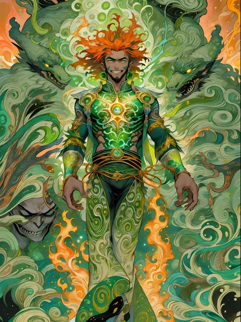 un primer plano de un hombre con fuego verde en la cabeza y torso, humano resplandeciente, Como se ilustra en Top Cow Comics, Brillando en poder, Sosteniendo fuego verde, Hoja de alma verde brillante,esqueleto,esqueleto humano,huesesos,deretirse,nuclear,(1...