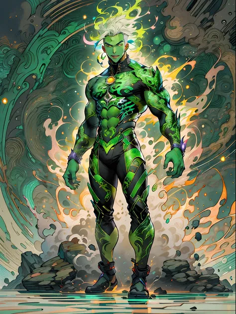 un primer plano de un hombre con fuego verde en la cabeza y torso, humano resplandeciente, Como se ilustra en Top Cow Comics, Brillando en poder, Sosteniendo fuego verde, Hoja de alma verde brillante,esqueleto,esqueleto humano,huesesos,deretirse,nuclear,(1...