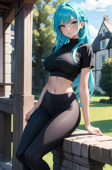 (Best quality), (masterpiece), (ultra detail), A cute girl, highly detailed face, indifferent facial expression, teal crystal eyes, turquoise hair, french braid, full body, in the country side castle in England like , BREAK, (black yoga leggings) ,  ( tigh...