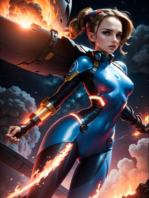 night. sci-fi. Teen natalie portman as megaman. tight costume. slender, athletic and graceful. background fire volcano. cloudy sky. --s 1000