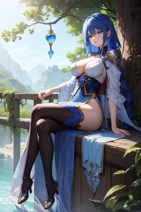 A blue haired goddess with blue eyes with an hourglass figure is sitting on a branch.