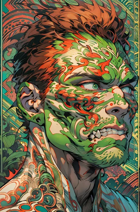 un primer plano de un hombre con fuego verde en la cabeza y torso, humano resplandeciente, Como se ilustra en Top Cow Comics, Brillando en poder, Sosteniendo fuego verde, Hoja de alma verde brillante,esqueleto,esqueleto humano,huesesos,deretirse,nuclear,(1...