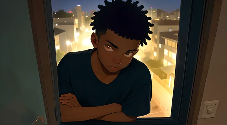 Closeup of a black boy seeing outside his bedroom window at night