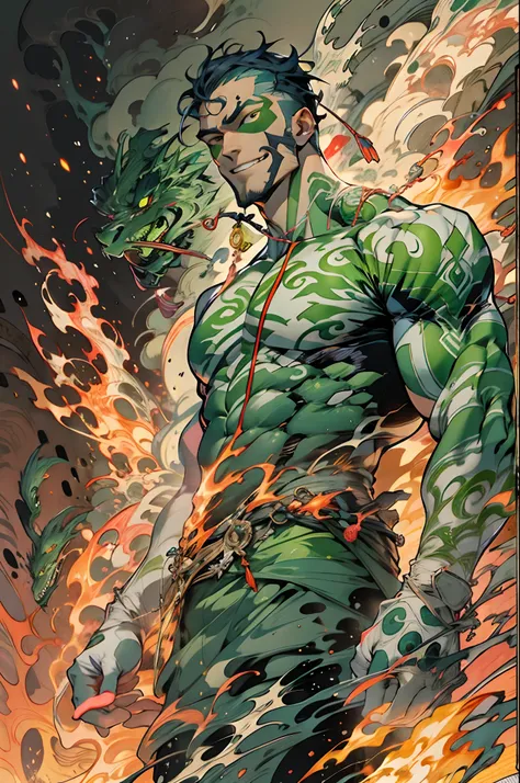 un primer plano de un hombre con fuego verde en la cabeza y torso, humano resplandeciente, Como se ilustra en Top Cow Comics, Brillando en poder, Sosteniendo fuego verde, Hoja de alma verde brillante,esqueleto,esqueleto humano,huesesos,deretirse,nuclear,(1...