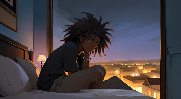 Close-up of a black boy looking out his bedroom window at night, sitting on the bed, African hair