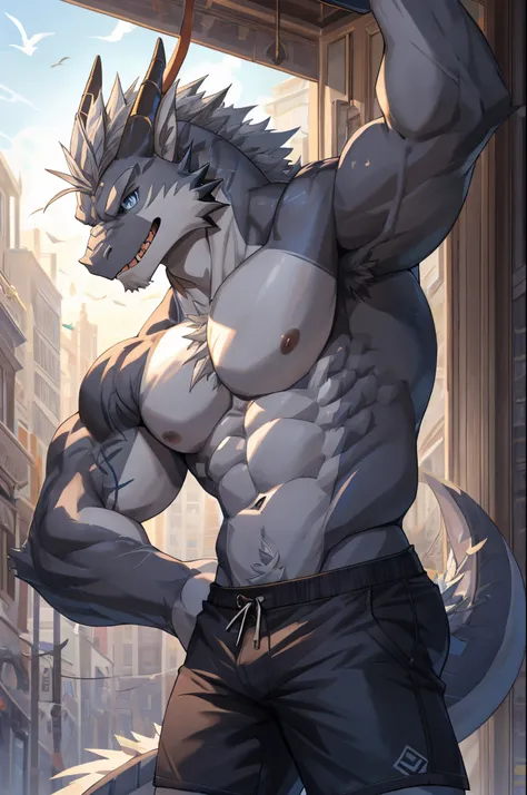 Masterpiece, Solo, Cool Pose, Furry Gray Dragon, Medium Muscular Body, Blue Eyes, Grey Medium Hair, Shirtless, Short Pants, Fierce, Manly, Veins, Charming, Joy Expression, Good looking, Afternoon Background.