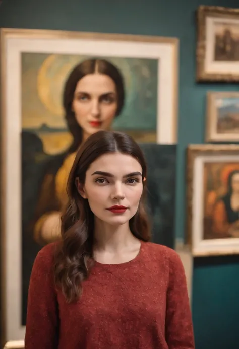 Amelie poses in front of a magnificent art gallery, filled with colorful and abstract paintings by talented artists,original,Amelie is a beautiful fashion model. She has long brown hair and is 5’9 inches tall.