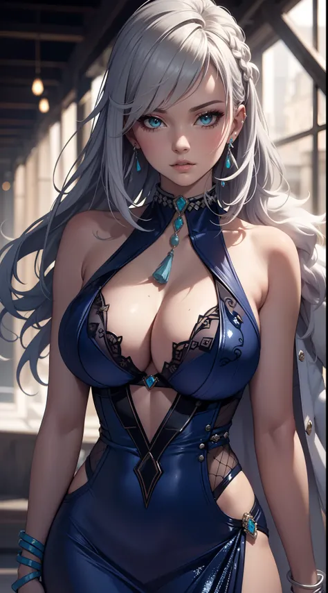 Best quality, masterpiece, realistic, Beautiful sexy cool tall, slim, fit woman, wearing fancy silver-blue-black sequin party dress, intricate and highly detailed, cleavage, long silver hair, body chain, jewelry.