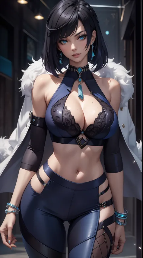 Best quality, masterpiece, realistic, Beautiful sexy cool tall, slim, fit woman, wearing sexy short fancy silver-blue sequin party top and black tight pants, midriff, intricate and highly detailed, big breasts, deep cleavage, bob black hair, body chain, je...