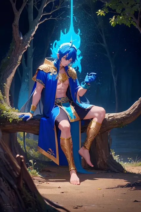 A blue skinned dragon male god with blue hair with ornate robes and golden eyes and golden horns and blue gloves is sitting on a branch