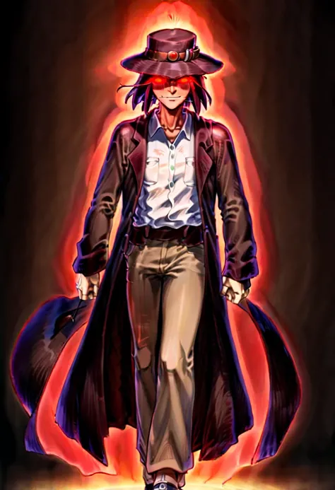 Caleb, anime artwork of a man in toky street, hat and red glowing eyes, in ghibli style, detailed, masterpiece, full body, martial pose