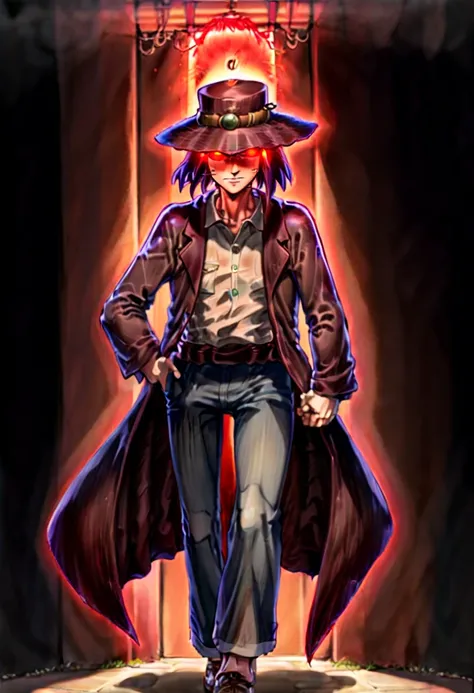 Caleb, anime artwork of a man in toky street, hat and red glowing eyes, in ghibli style, detailed, masterpiece, full body, martial pose