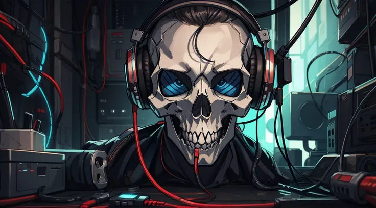 Close up ,Front of metal skull headphones ,cable wires,electrical wires,mechanicalparts