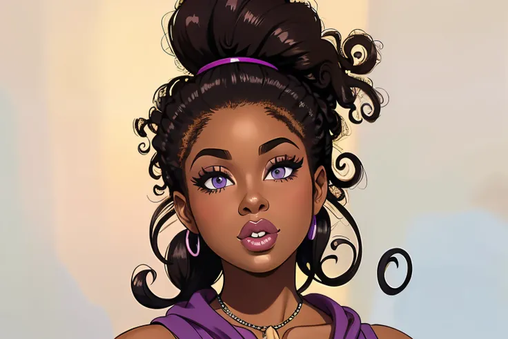 Black woman portrait. very dark skin. dusky skin. espresso colored skin. big lips. wide nose. wide nose bridge. big nostrils. thick lips. curly afro ponytail. purple eyes. natural lips. chubby. fat. overweight. husky