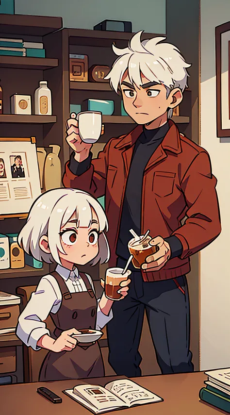 A guy with white hair drinks coffee with a brown-haired woman.