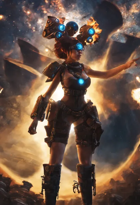 A beautiful , realistic and highly detailed steampunk biomeca woman. In a post-apocalyptic city. With a planet exploding in the distance and the magnificent and detailed galaxy