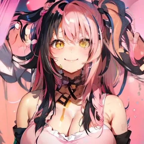 blush, cleavage,,glowing aura, natural light, masterpiece,  glossy skin, juicy lips ,long hair, cute, kawaii, adorable, reaching up, adult, cuddle, kawaii clothes,random hair style, random clothes, black hair, (((pink streaks in hair))), yellow eyes, blood...