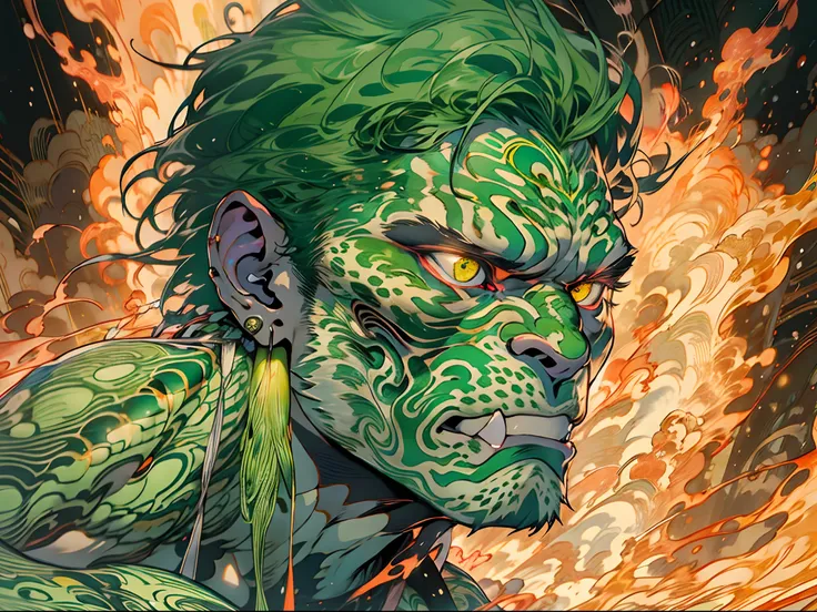 un primer plano de un hombre con fuego verde en la cabeza y torso, humano resplandeciente, Como se ilustra en Top Cow Comics, Brillando en poder, Sosteniendo fuego verde, Hoja de alma verde brillante,esqueleto,esqueleto humano,huesesos,deretirse,nuclear,(1...