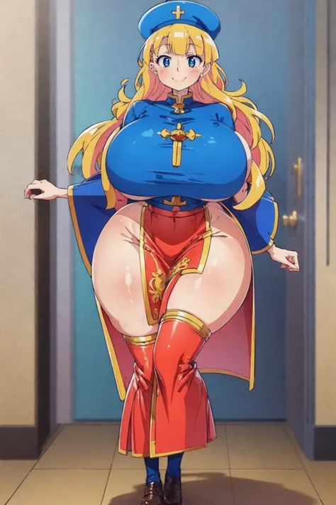 galko,1girl, solo, smile, full body, standing, long skirt, priestess, religious, holy, cute, blush, bimbo body,chocovenus,big breast,tall female