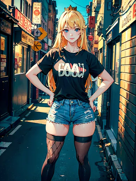 1girl, long blonde hair, blue eyes, princess crown, ((black plain t-shirt, denim shorts, fishnets thighhighs, standing, hands on hips, smile, in a street)), curvy figure, overlooking city, blush, day 

BREAK 

(((Masterpiece))), ((Highly detailed character...