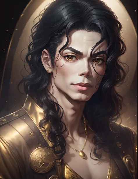 Michael Jackson, with a very beautiful face whit white skin, there is no hair on his face just the skin on his face, curved eyebrows, with a hole in his chin, thin nose, half angled half oval face, long curly black hair, with a stylish golden outfit, with ...