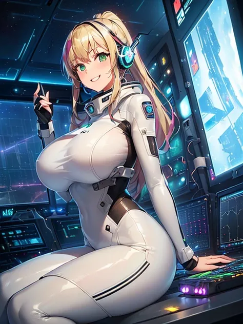 ​masterpiece:1.4, 1girl in ((20yr old, Dressed in a tight futuristic bodysuit in white and silver, long boots, huge-breasted, Multicolored blonde hair, twin ponytail, Perfect model body, Green eyes:1.4, Wearing headphones, Flirting, Happy, Big smile, Looki...