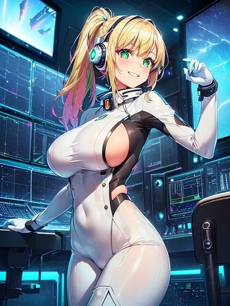 ​masterpiece:1.4, 1girl in ((20yr old, Dressed in a tight futuristic bodysuit in white and silver, long boots, huge-breasted, Multicolored blonde hair, twin ponytail, Perfect model body, Green eyes:1.4, Wearing headphones, Flirting, Happy, Big smile, Looki...