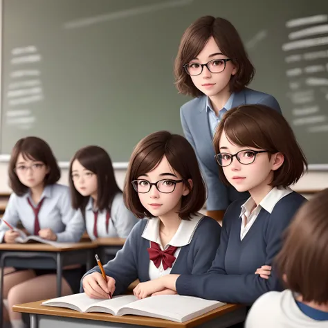 Give me a realistic style image of students studying and a teacher (who wears glasses and short brown hair, watching students in the classroom