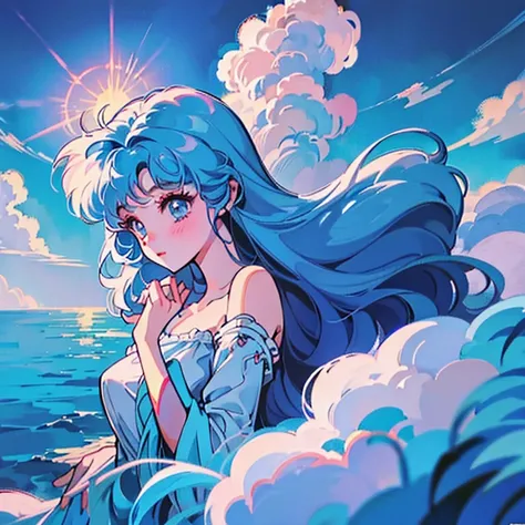 1girl, blue hair, goddess, fluffy long hair, in the clouds, ethereal, alluring, beautiful