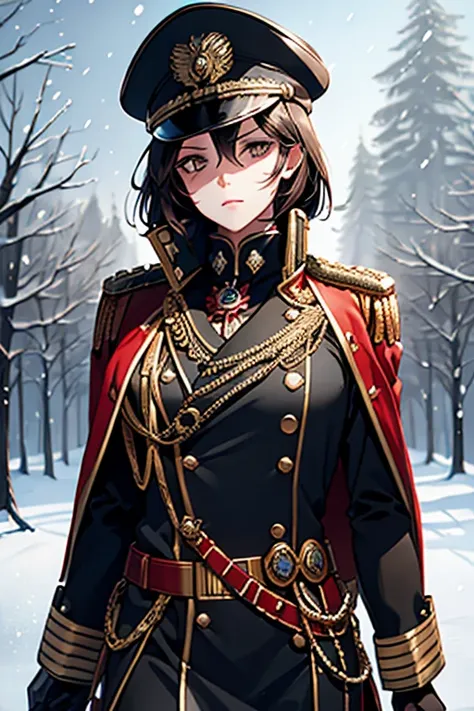 warhammer_40k_commissar, woman, black uniform, ((snowstorm)) forest, red sash, ((old, wrinkles, eyebags)) as-elderly,