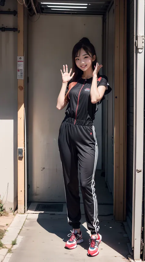 Fullbody view of a girl (bright color skin, 150cm, normal body build, 24 years old), wear short jumpsuit, wear track shoes, stand inside garage, smile to viewer, waving to viewer