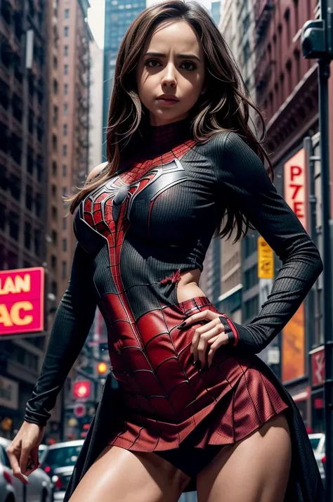 Eliza Dushku、Sticking out the navel、newyork、She wears a torn Spider-Man suit,wearing skirt、 Red and black color scheme,Dynamic、​masterpiece、top-quality、ultra-detailliert、ighly detailed、beautiful detailed brilliance、超A high resolution