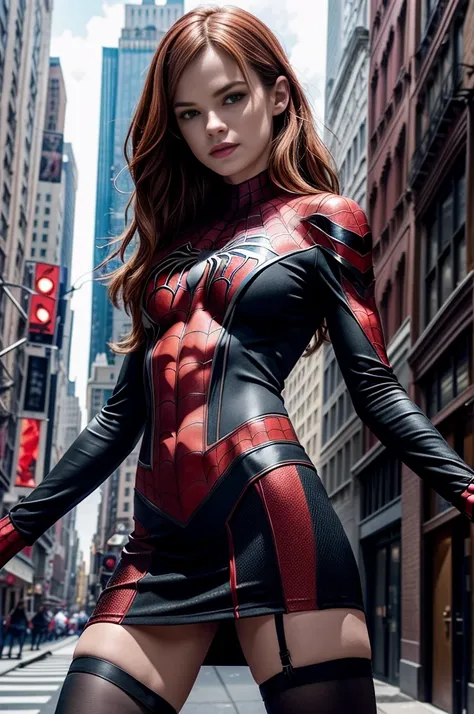 Daniel Panabaker、Sticking out the navel、newyork、She wears a torn Spider-Man suit,wearing skirt、 Red and black color scheme,Dynamic、​masterpiece、top-quality、ultra-detailliert、ighly detailed、beautiful detailed brilliance、超A high resolution