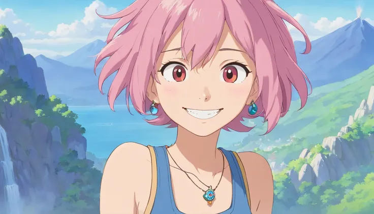 girl, jewelry, bead necklace, tank top,  smile, , gorgeous face, no background, pink hair